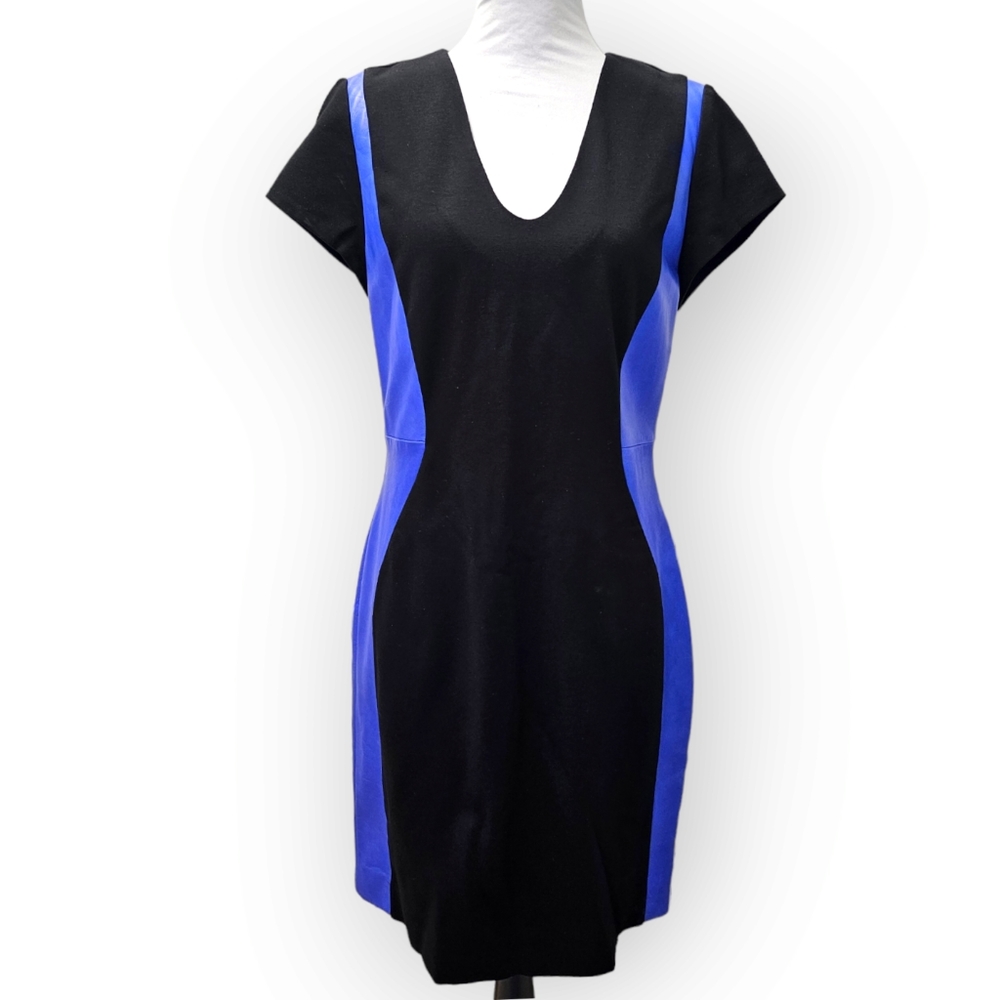 Diane Von Furstenberg DVF Dayton Black Blue Leather Ponte Sheath Size 12